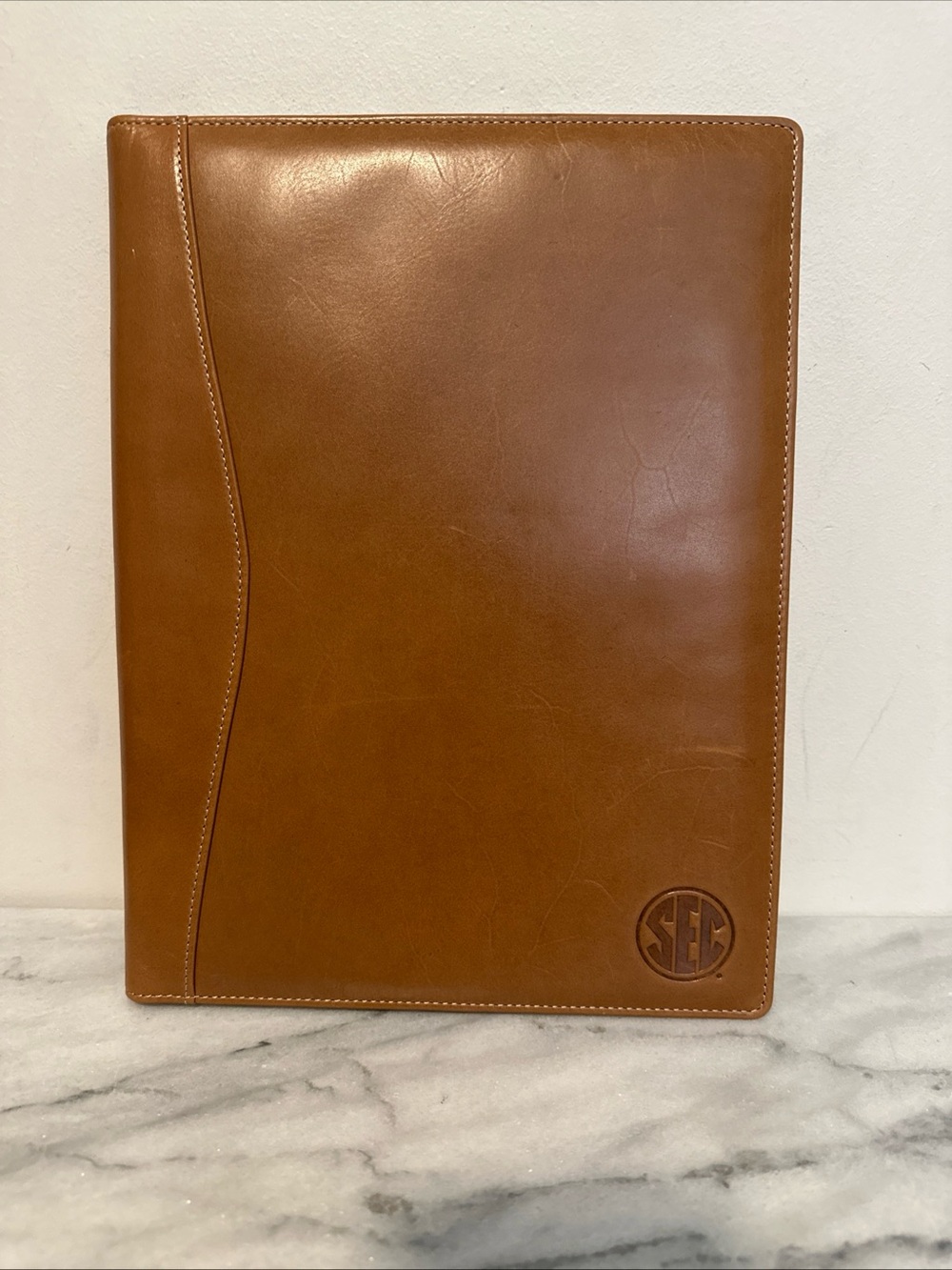 Executive Tan Leather Portfolio with Embossed Monogram